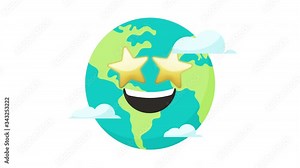 Animated colorful earth character globe emoji. Sustainable living concept. Friendly kawaii earth character motion graphic design. Eco friendly, save ecology, Earth day concept. World map globe. Earth