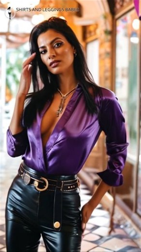 Shirts and Leggings Babes on Instagram: "Full video is available on TikTok 👀 Purple satin blouse is one of the most favourite on this channel. Now tucked and paired with belted leather leggings or pants 💜🖤 Posing AI lady loves this kind of fashion and will add more satin shirt videos soon 🥰 Make sure to follow both channels for upcoming video 👍 #satinblouse #shiny #satinlovers #satin #leatherleggings #womenshirt #aifashion"