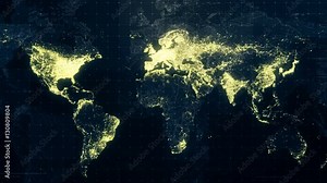 World Map Night Lighting. Animation of the night lighting on different continents and countries of the planet. Perfect for social, scientific, research and promotional projects.