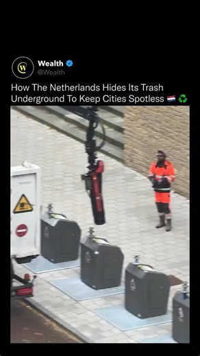 @entrepology on Instagram: "What looks like an ordinary street corner is actually part of one of the world’s smartest waste-management systems. Across the Netherlands, garbage bins are built underground, storing waste several meters below the surface. When full, trucks equipped with hydraulic cranes lift each container, empty it, and return it seamlessly, all without cluttering the streets or releasing odor. This design frees up urban space, prevents pests, and keeps neighborhoods cleaner and qu