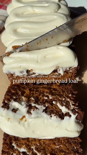 Cream cheese topped pumpkin gingerbread This is my classic pumpkin bread topped with a delicious cream cheese frosting! This is packed full of so much flavor and truly a fall staple! Try it and tag me! d’EATS -1 cup pumpkin puree -1/2 cup unsalted browned butter -1/2 cup granulated sugar -1/2 cup brown sugar -2 eggs -1 tsp vanilla extract -1/3 cups whole milk -1 & 1/2 cup all purpose flour -1 tsp baking soda -1/2 tsp baking powder -1 tsp cinnamon -1 tsp ground ginger -1/2 tsp ground nutmeg -1/4 