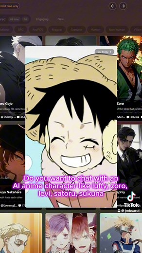 Chat with AI anime characters like luffy, zoro, levi, satoru, sukuna, and more at Tipsy.chat - no limits! Create your own character and start your story for FREE! try it here: 👉https://beta.tipsy.chat/?utm_source=8JM #tipsychat #tipsychatai #anime #AI #fanfiction #roleplay #trendingreels #viralpost | John Mark Sarol