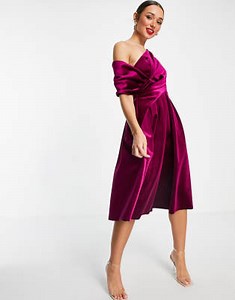 ASOS DESIGN velvet bare-shoulder prom midi dress in berry | ASOS
