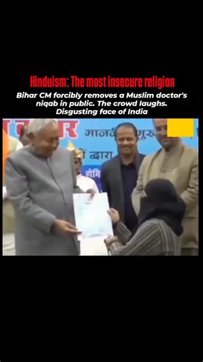 Wahab on Instagram: "A senior leader reaches forward and removes a Muslim woman's niqab without consent, all while smiling for the cameras. The crowd responds with laughter, treating her dignity as a punchline. This single act exposes the contradiction at the heart of India's secular claims. A woman exercising her constitutional right to religious expression is publicly corrected because her choice makes others uncomfortable. The applause reveals the real sentiment: many see Muslim visibility no