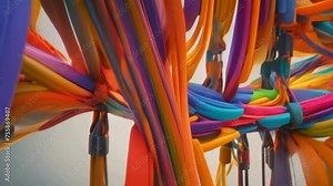 close up of colorful wires and ropes intertwined, an abstract representation of human connection, with intertwining lines and vibrant colors symbolizing relationships and unity