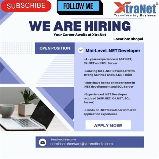 We Are Hiring! Mid-Level .NET Developer Job in Bhopal | 4+ Years Exp | Apply Now