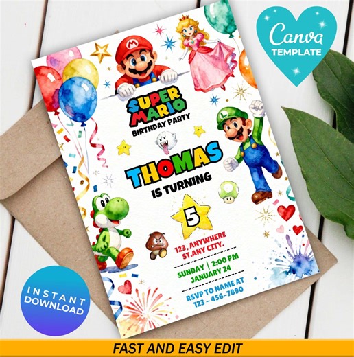 Super Mario Birthday Invitation, Editable Mario Watercolor Invite, Canva Template, Boys Gaming Party Card, Watercolor Mario Birthday Invite - Etsy