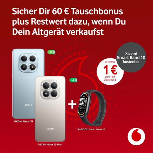 Fit durch den ❄️ Winter: Hol Dir das Redmi Note 15 oder 15 Pro für 1 €. Dazu schenken  wir Dir das Xiaomi Smart Band 10. Freu Dich zusätzlich auf 60 € Tauschbonus plus Restwert , wenn Du auch noch Dein Altgerät verkaufst. Jetzt in Deinem Vodafone-Shop. | Vodafone Shop Olbernhau, Grünthaler Str. 2 | Facebook