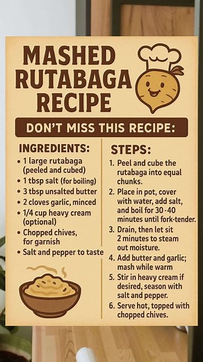 Mashed potatoes, meet your earthy, buttery cool-weather cousin—you’re about to be obsessed. 🥄 Here’s how to cozy up with mashed rutabaga: 1️⃣ Peel and cube one big rutabaga (sharp knife = key). Boil 'til fork-tender in salted water—about 35 minutes. 2️⃣ Drain and toss in butter fresh garlic while it’s still steamy. Mash to your perfect texture. 3️⃣ Stir in a splash of cream, salt and pepper to taste, maybe some fresh chives if you’re feeling fancy. 😍 It’s rustic, rich, and so easy—don’t let th