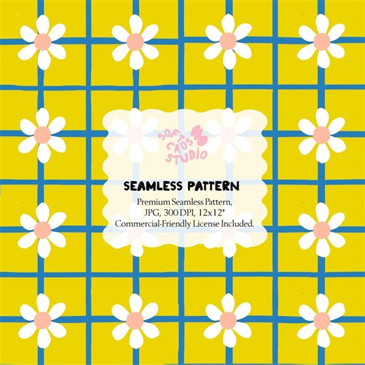 Daisy Grid Seamless Pattern, Retro Floral Digital Paper, Yellow Checkered Flower Print, Cute Daisy Repeat - Etsy