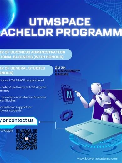 🎓 UTMSPACE Programmes Intake Open! Start your journey with UTMSPACE 👇 ✨ Available Programmes: 📘 General Studies Programme ✔️ Build strong academic foundation ✔️ Improve study skills & critical thinking ✔️ Pathway to degree programmes 📊 Bachelor of Business Administration (BBA) ✔️ Learn real-world business skills ✔️ High demand career pathways ✔️ Industry-relevant curriculum 📲 Interested? DM us or WhatsApp for full details & application guidance. Application close - 10 Feb 2026 #utmspace #ut