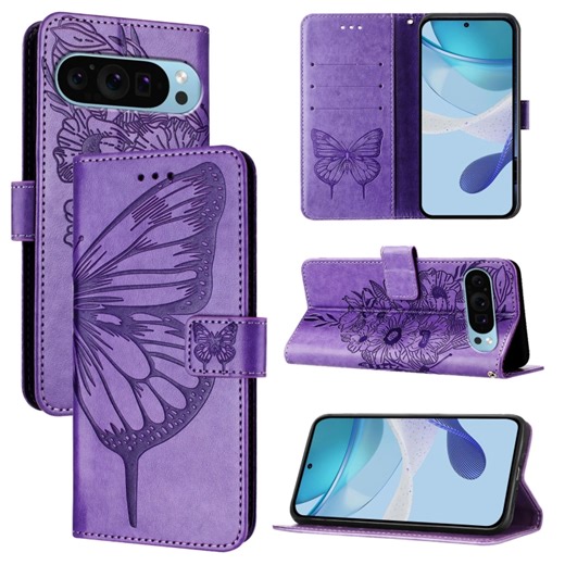 [$1.99] For Google Pixel 9 Pro XL Embossed Butterfly Leather Phone Case(Purple)