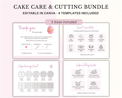 Cake Care Card Bundle Editable in Canva, Bakery Thank You Card Template, Cake Cutting Guide, Cake Serving Chart Printable - Etsy