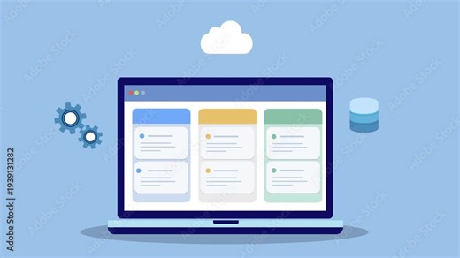 Flat vector animation of laptop dashboard with cloud storage, database, and gear icons representing cloud computing, data management, and digital system configuration.