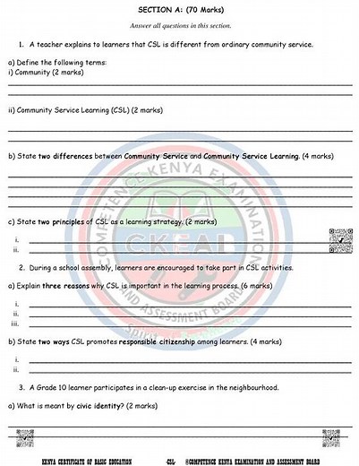 Grade 10 Community Service Learning (CSL) Mid Term 1 2026 Theory Exam