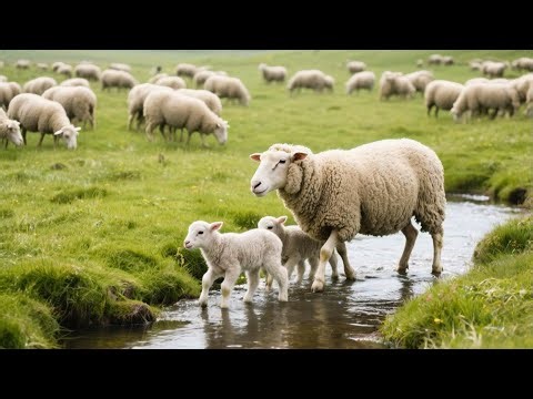 Cute little lambs play in the water with their mother in the meadow - Sheep and goat videos