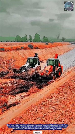 Powerful & Efficient: Heavy-Duty Backhoe Loaders Clearing Debris in Concrete Irrigation Canal