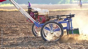 Thai farmer working in the land and making the hole on soil with machine to prepare the soil for growth tobacco season in Thailand. Shooting sunset time