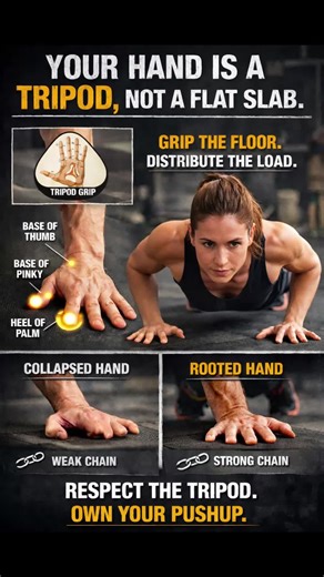 Here’s the clean truth—most people don’t fail pushups because of weak arms. They fail because they treat their hands like dead paddles instead of load-bearing structures. Your hand is a tripod, not a flat slab. A proper pushup starts at the hand. The tripod has three points of contact: \t•\tthe base of the thumb \t•\tthe base of the pinky \t•\tthe heel of the palm When all three points are rooted, the load distributes evenly up the wrist, into the forearm, through the shoulder, and into the tors
