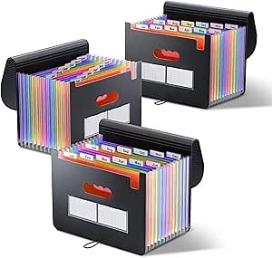 ThinkTex Accordion File Organizer, 12 Pockets Monthly Bill Receipt Organizer, Portable Expanding File Folders, Multi-Color Tabs, Letter/A4 Size - 3 Packs