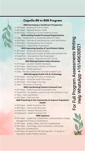 RN-BSN FLEXPATH FULL PROGRAM WRITING HELP DONE IN ONE BILLING CIRCLE FROM Course NHS-FPX4000 to NURS-FPX4900 WhatsApp: 16149630821 Direct link click https://wa.me/message/4VT6N5XIN3LOC1 📚 NHS 4000 Dev Health Care Admin Persp 📚 NURS4010 leading in intrprof practice 📚 NURS4020 improving Quality of care and patient Safety 📚 NURS4030 making evidence-based decisions 📚NURS4040 managing health info.and technology 📚NURS4050 coord patient centered care 📚NURS4060 practicing in the community to impr