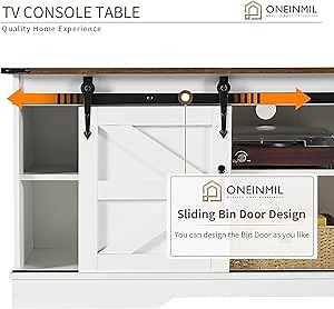 oneinmil 58 Inch Farmhouse TV Stand, Modern Rustic Entertainment Center with Sliding Barn Door and Storage Cabinets, Metal Media TV Console with Shelf for TVs up to 65 Inch in Living Room, White