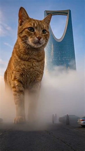 Ultra-realistic giant Maine Coon cat standing beside Kingdom Centre Tower, Riyadh.
