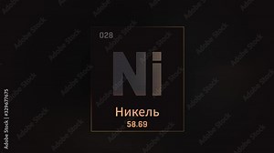 Nickel as Element 28 of the Periodic Table. Seamlessly looping 3D animation on grey illuminated atom design background orbiting electrons name, atomic weight element number in russian language