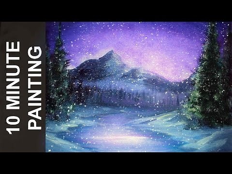 Painting a Snowy Winter Night Landscape with Acrylics in 10 Minutes!