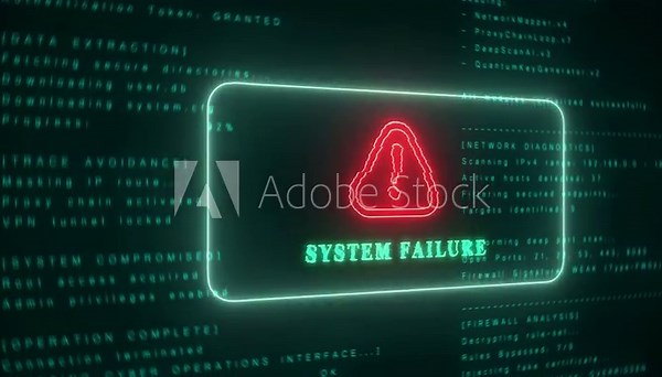System Failure Warning on Digital Screen with Exclamation Mark and Code Keywords: system, failure, warning, computer, digital, technology, security, error, alert, message, screen, display, code