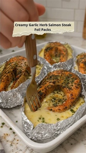 Creamy Garlic Herb Salmon Steak Foil Packs