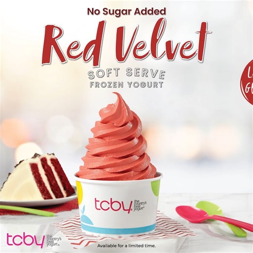 Love at first swirl. ❤️🍦 NEW Red Velvet No Sugar Added Frozen Yogurt is a rich and creamy classic with notes of decadent cocoa and a hint of vanilla. *Available at select locations for a limited time. Call or see store for details at TCBY.com. #TCBY | TCBY