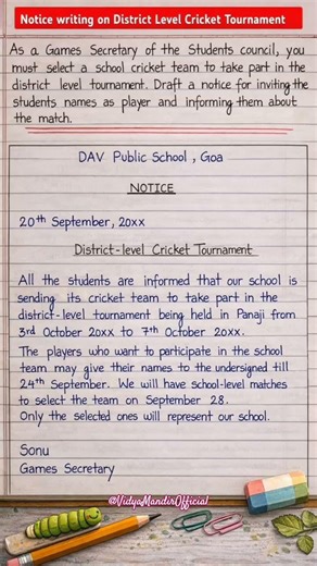 Notice writing on district level cricket tournament l notice writing class 11 l notice writing