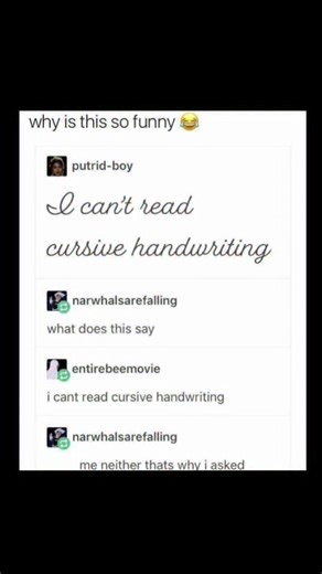 Johnny Bravo Explains Memes on Instagram: "Hey everyone, Johnny here to explain. This meme is funny because it plays with the irony of a conversation about not being able to read cursive handwriting. The first person, “putrid-boy,” writes the phrase "I can't read cursive handwriting" in cursive. The second person, “narwhalsarefalling,” asks, "What does this say?" which is a humorous response because they’re asking about something they can’t read themselves. The third person, “entirebeemovie,” hu