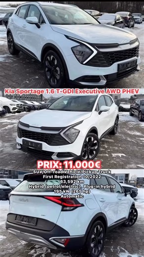 Auto Allemagne on Instagram: "PRIX: 11.000€ Kia Sportage 1.6 T-GDi*4WD*265ps*PHEV SUV/Off-road Vehicle/Pickup Truck First Registration 10/2022 63,592 km Hybrid (petrol/electric), Plug-in hybrid 195 kW (265 hp) Automatic"