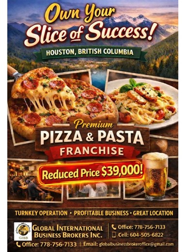 🔥 PRICE REDUCED – Exceptional Opportunity in Houston, BC! 🔥 Now is the perfect time to step into ownership of a well-established Pizza & Pasta franchise in the heart of Houston, British Columbia. This turnkey business offers strong local demand, proven operations, and an attractive new price—making it an outstanding opportunity for entrepreneurs or investors. ✨ Now Offered at a Reduced Price of $39,000 ✔ Fully operational & profitable ✔ Prime location with consistent foot traffic ✔ Turnkey set