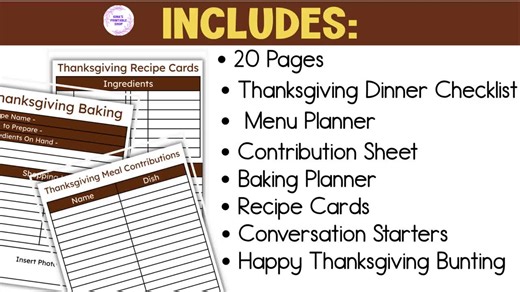Complete Thanksgiving Dinner Planner Printable | Holiday Menu, Checklist, Recipe Cards, Conversation Starters & Décor - Etsy
