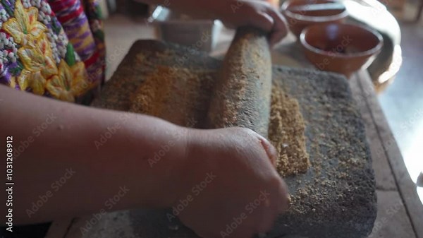 a grinding stone is seen in full use, grinding ingredients with precision. This ancient method stands out in traditional cuisine, where manual grinding enhances the natural flavors of each ingredient