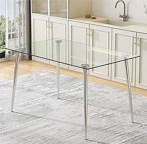 Glass Dining Table for 4 with 51 inch Clear Rectangular Glass Top, 0.31" Modern Tempered Glass Kitchen Table Furniture with 4 Silver Plating Metal Legs for Home Dining Room