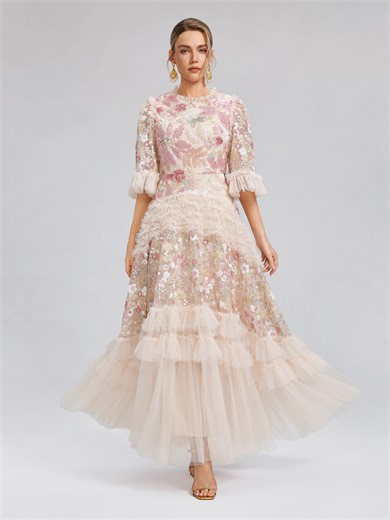 3D Floral Sequin Tulle Ruffle Dress