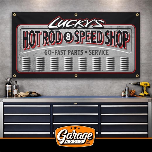 Personalized Speed Shop Garage Banner Sign 2x4 ft Custom Name Shop Sign Man Cave Wall Art Gift for Dad Muscle Car Hot Rod