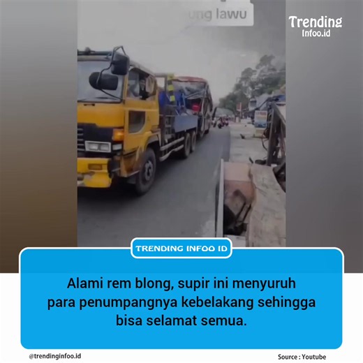 Sopir bus Sumber Berlian Jaya, Sukirno (67), melakukan aksi heroik saat mengalami rem blong dalam perjalanan pulang dari Gunung Lawu menuju Jakarta. Menyadari rem tidak berfungsi setelah mendengar suara letupan, ia segera memerintahkan penumpang pindah ke bagian belakang bus. Demi menghindari korban jiwa, Sukirno sengaja menabrakkan bus ke tiang dan selokan untuk menghentikan laju kendaraan. Beruntung, seluruh penumpang selamat dan telah dievakuasi menggunakan armada pengganti. Source : pendakis