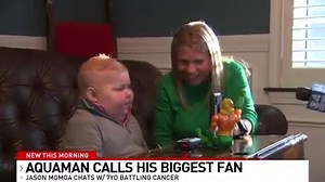 "My favorite one, AQUAMAAAAAAANNN!!!" The cutest little boy battling brain cancer chats with Aquaman superstar, Jason Momoa. | Allison Miller