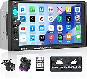 Hikity 7 Inch Double Din Car Stereo Touch Screen Car Radio with Bluetooth Backup Camera, FM Car Audio Receivers, Support SWC Mirror Link for Android iOS Phone USB AUX-in TF Card