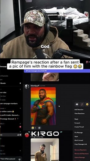 Rampage's reaction after a fan sent a pic of him with the rainbow flag ‪@rampagejacksonlive‬