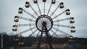 Abandoned yellow Ferris wheel in Pripyat, Chernobyl exclusion zone under overcast sky, a haunting landmark.