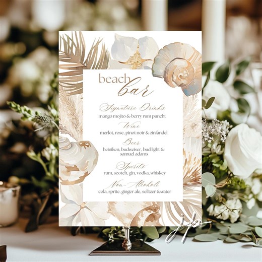 Seashell Beach Bar Sign Neutral Coastal Cocktail Menu Template Birthday Party Signature Drink Station Sign Editable Bridal Shower Download - Etsy