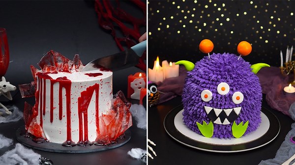 How to Make Halloween Cakes – Bloody Glass Cake & Fuzzy Monster Cake Tutorial! 🎃👻🩸