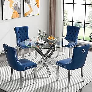 36" Modern Silver Glass Dining Room Table Set for 4, 5-Piece Round Kitchen Dining Table Set with Cross Metal Legs and 4 Blue Velvet Upholstered Chairs, Glass Kitchen Table and Chairs Set