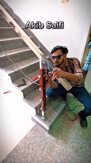 Stainless steel square pipe and wooden railing design full installation reel video #facebook #fb #post #interiordesign #reelsvideo #reelsfb #akibsaifi #akib #Saifi | Akib Saifi